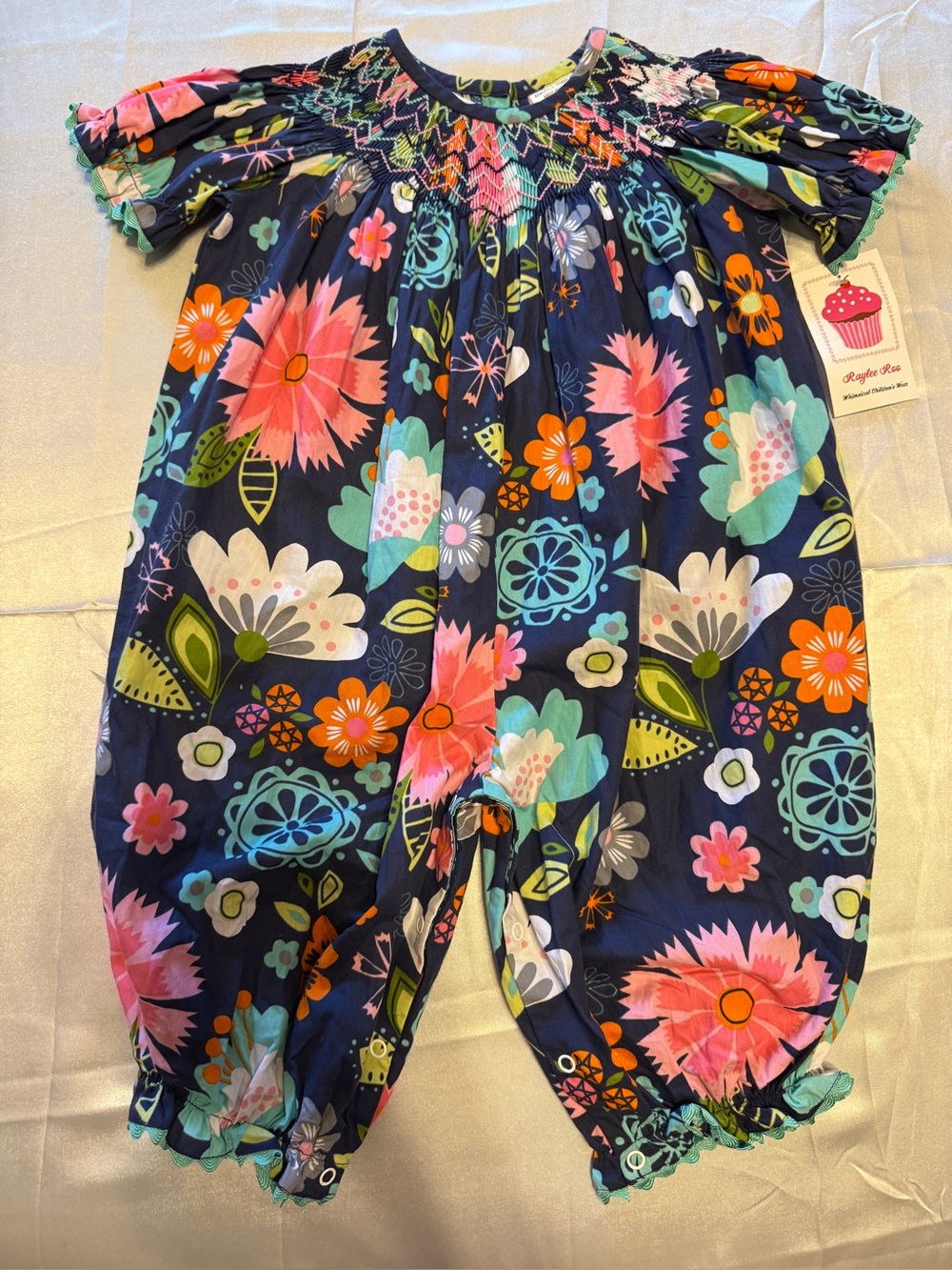 Navy Floral Romper with Pink & Aqua Flowers 18M